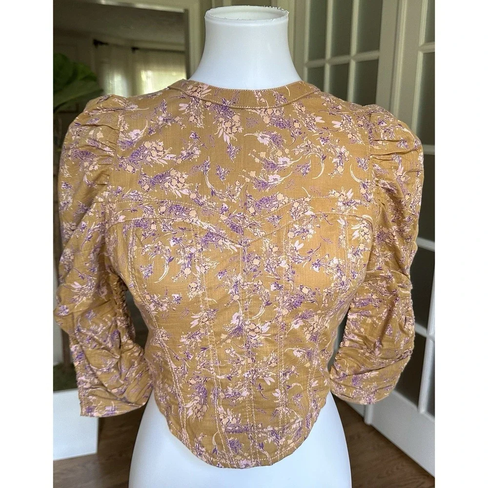 Free People Boho Floral Puff Sleeve Open Back Crop Top Mustard Purple Sz S - Picture 2 of 12